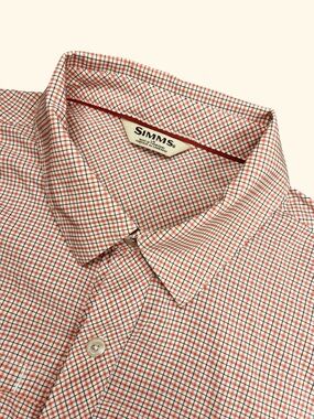 Simms Shirt Men’s large Red White Checkered Short Sleeve Outdoor Hiking Fishing